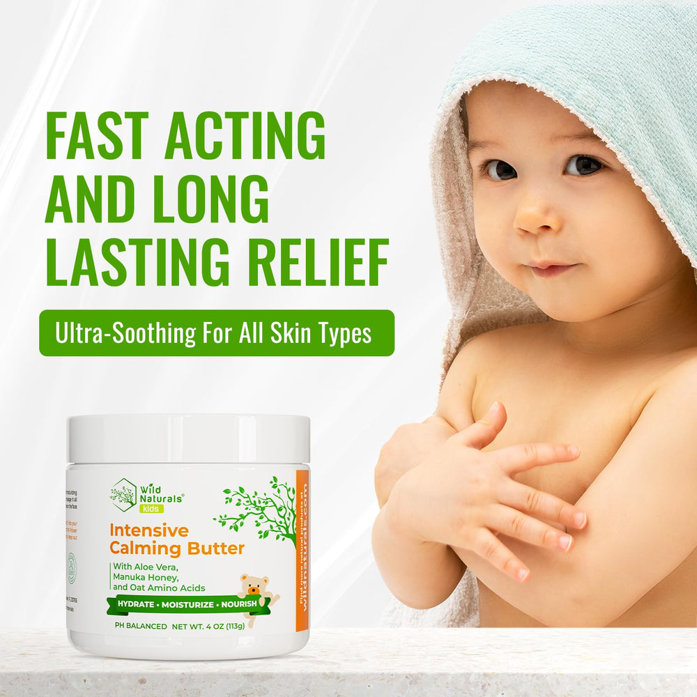 Wild Naturals Baby Eczema Cream texture closeup shows fast-absorbing, non-greasy care