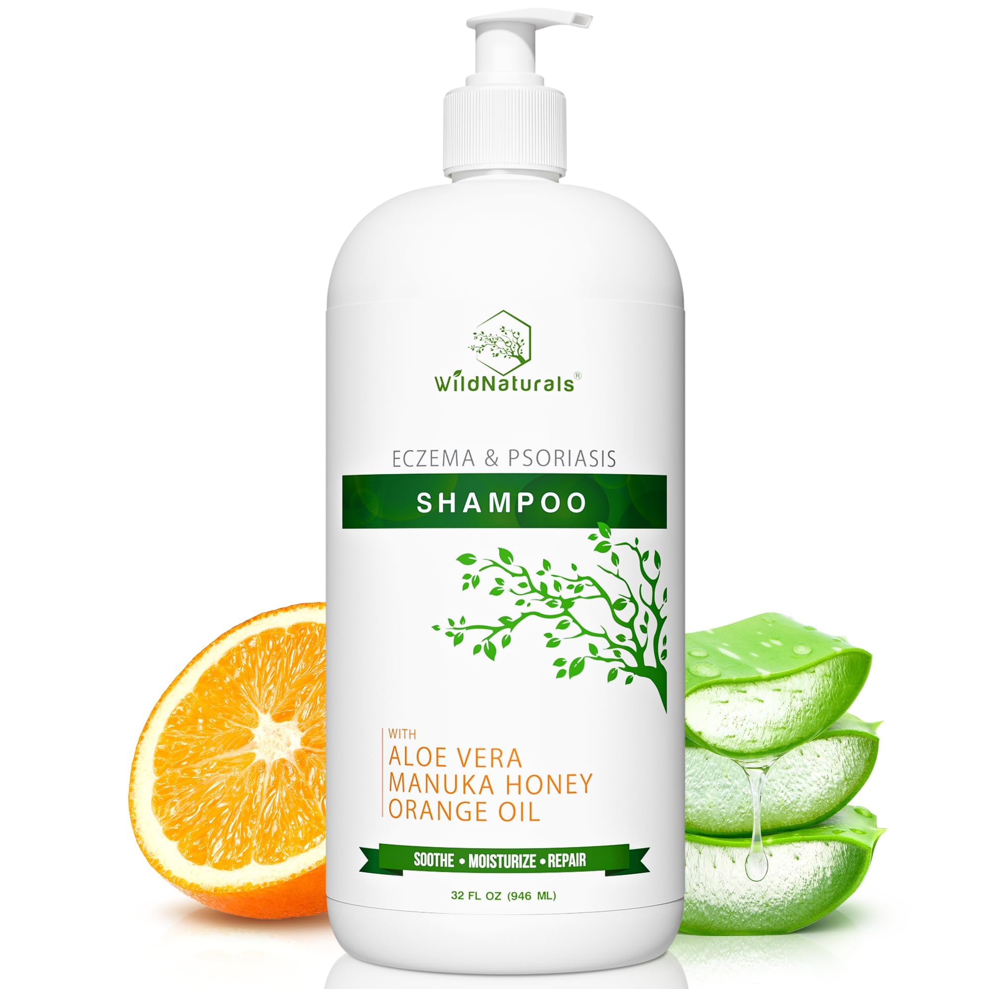 Wild Naturals eczema shampoo bottle displaying fragrance-free formula for sensitive scalps