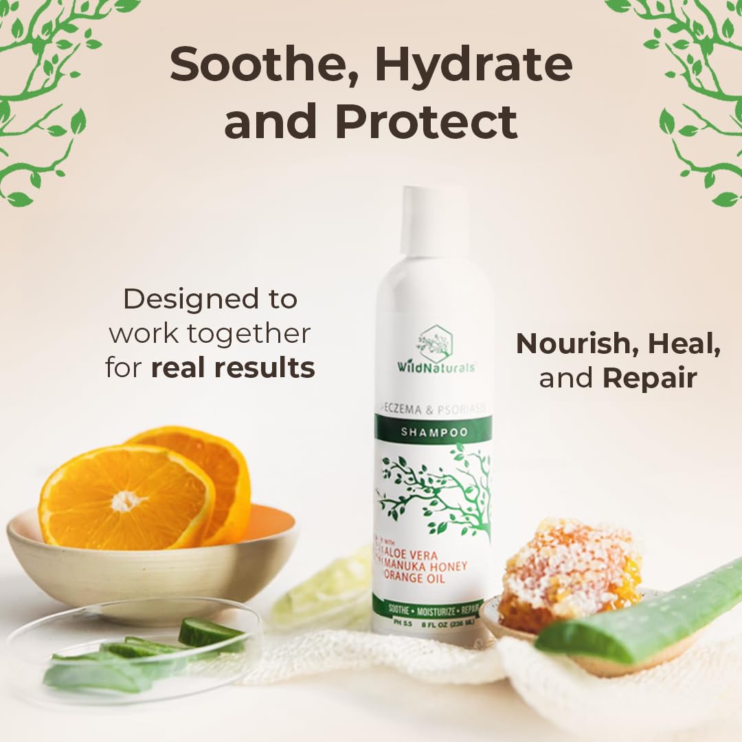Wild Naturals eczema shampoo pour demonstrates easy dispensing and gentle lather