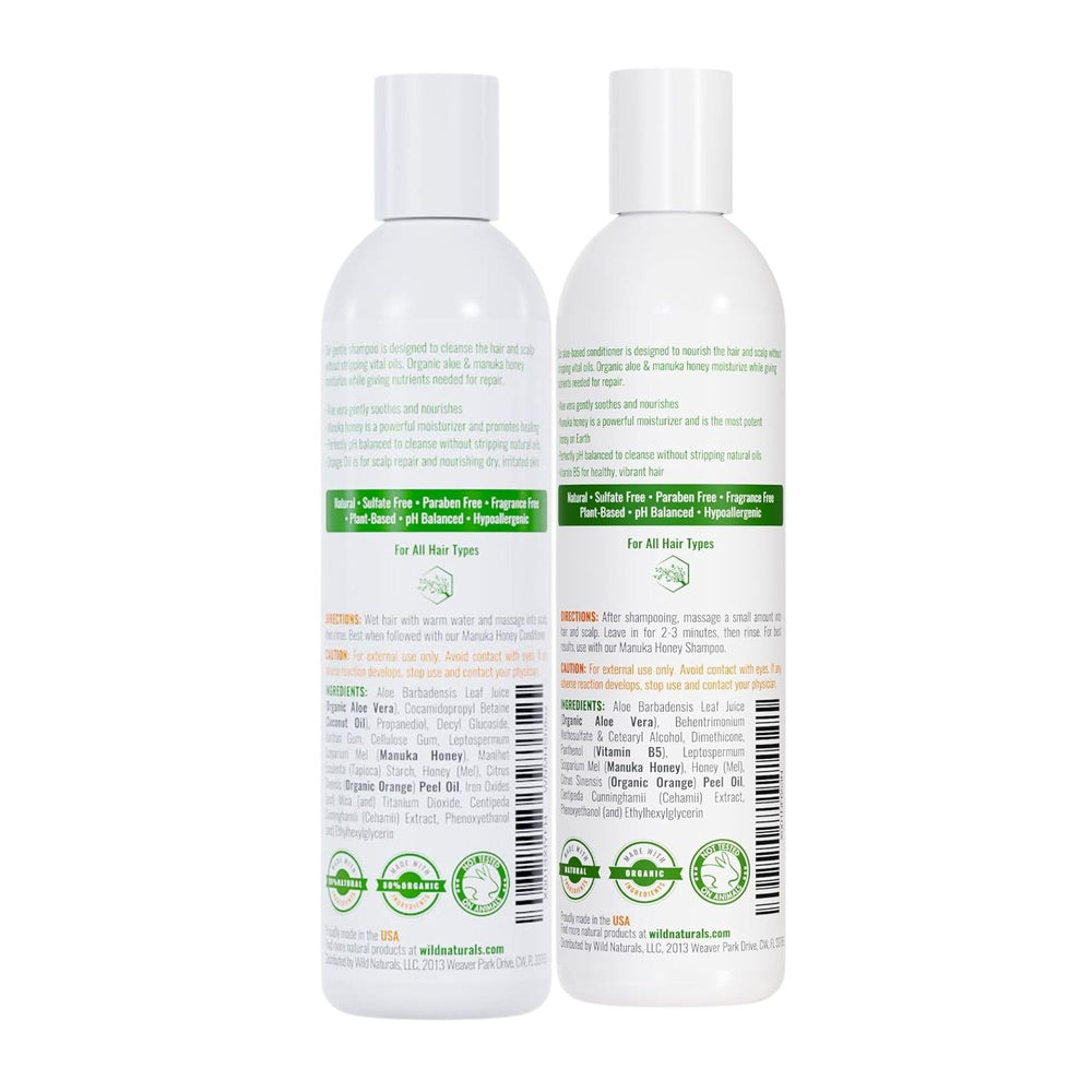 Wild Naturals Manuka Honey Shampoo & Conditioner on shelf, natural ingredients focus.
