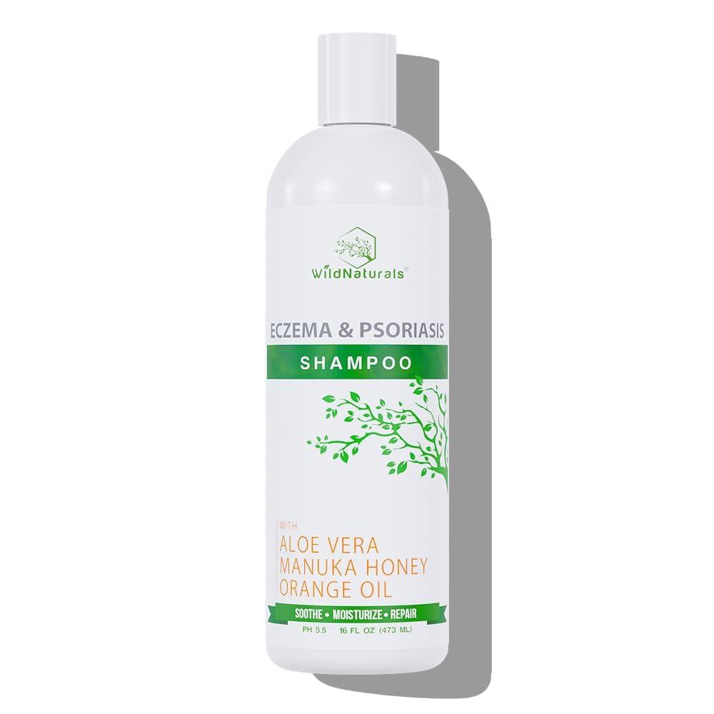 Wild Naturals Psoriasis Shampoo bottle promoting hydrating scalp care.