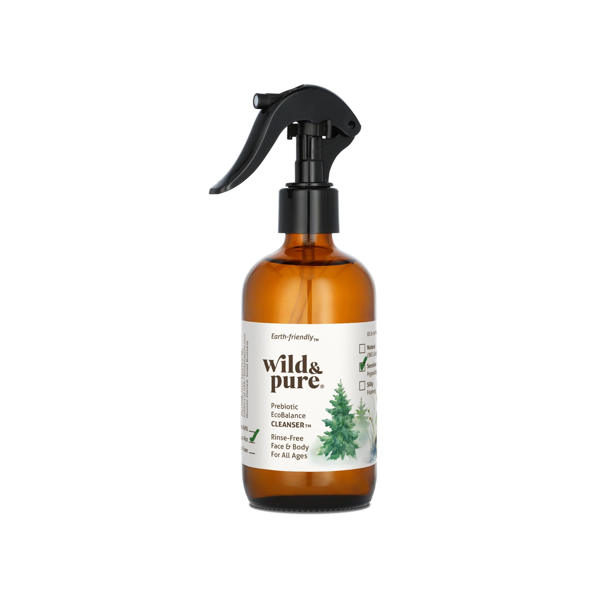 Wild and Pure Sensitive Skin Spray Body Wash bottle pour demonstrates rinse-free cleansing