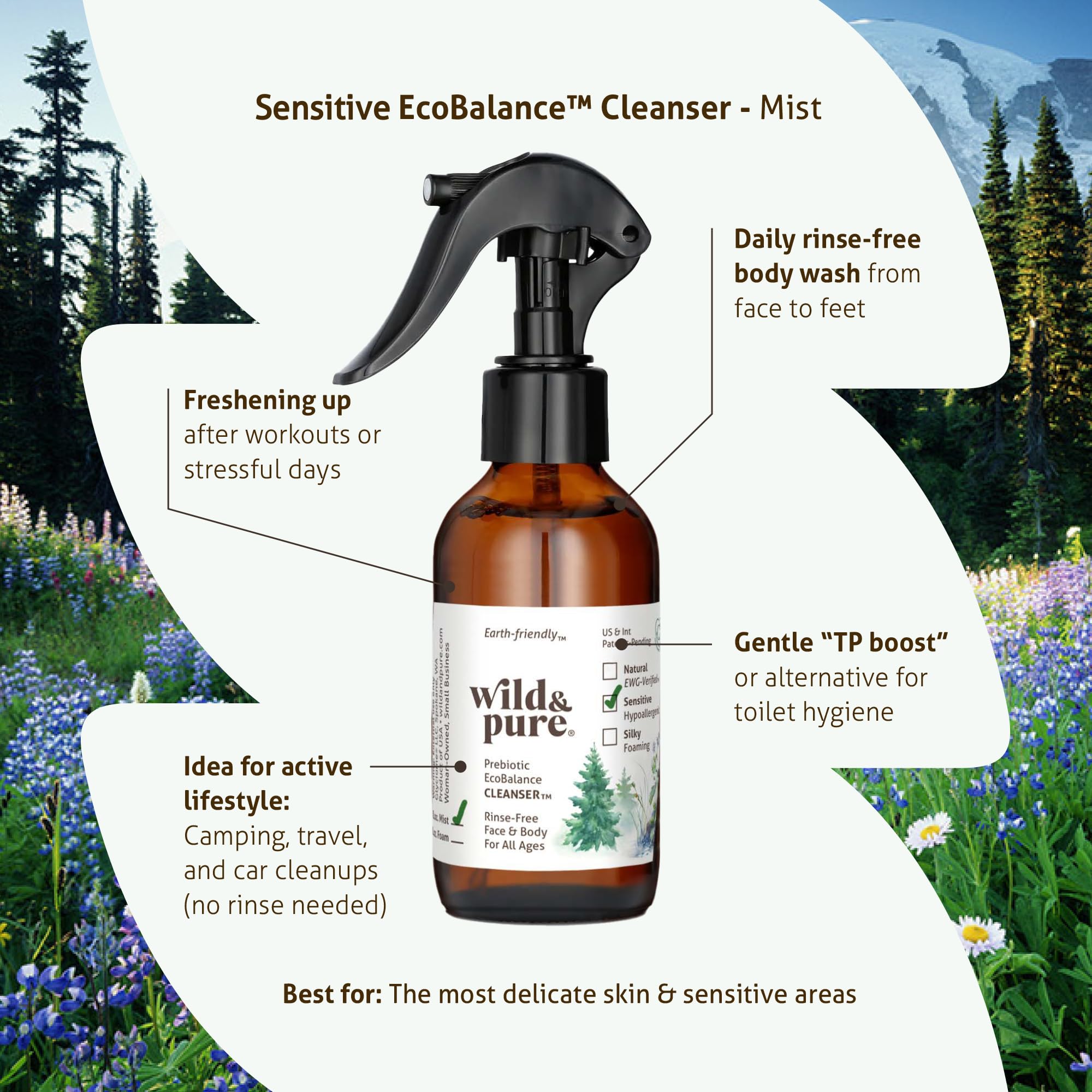 Wild and Pure Sensitive Skin Spray Body Wash in-use on hands shows easy daily care