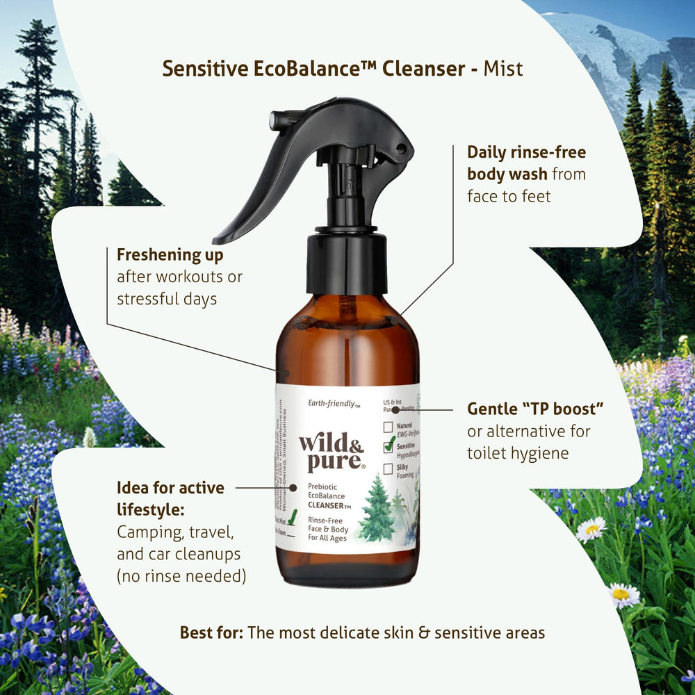Wild and Pure Sensitive Skin Spray Body Wash in-use on hands shows easy daily care