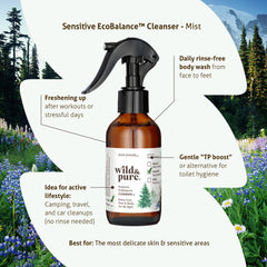 Wild and Pure Sensitive Skin Spray Body Wash in-use on hands shows easy daily care