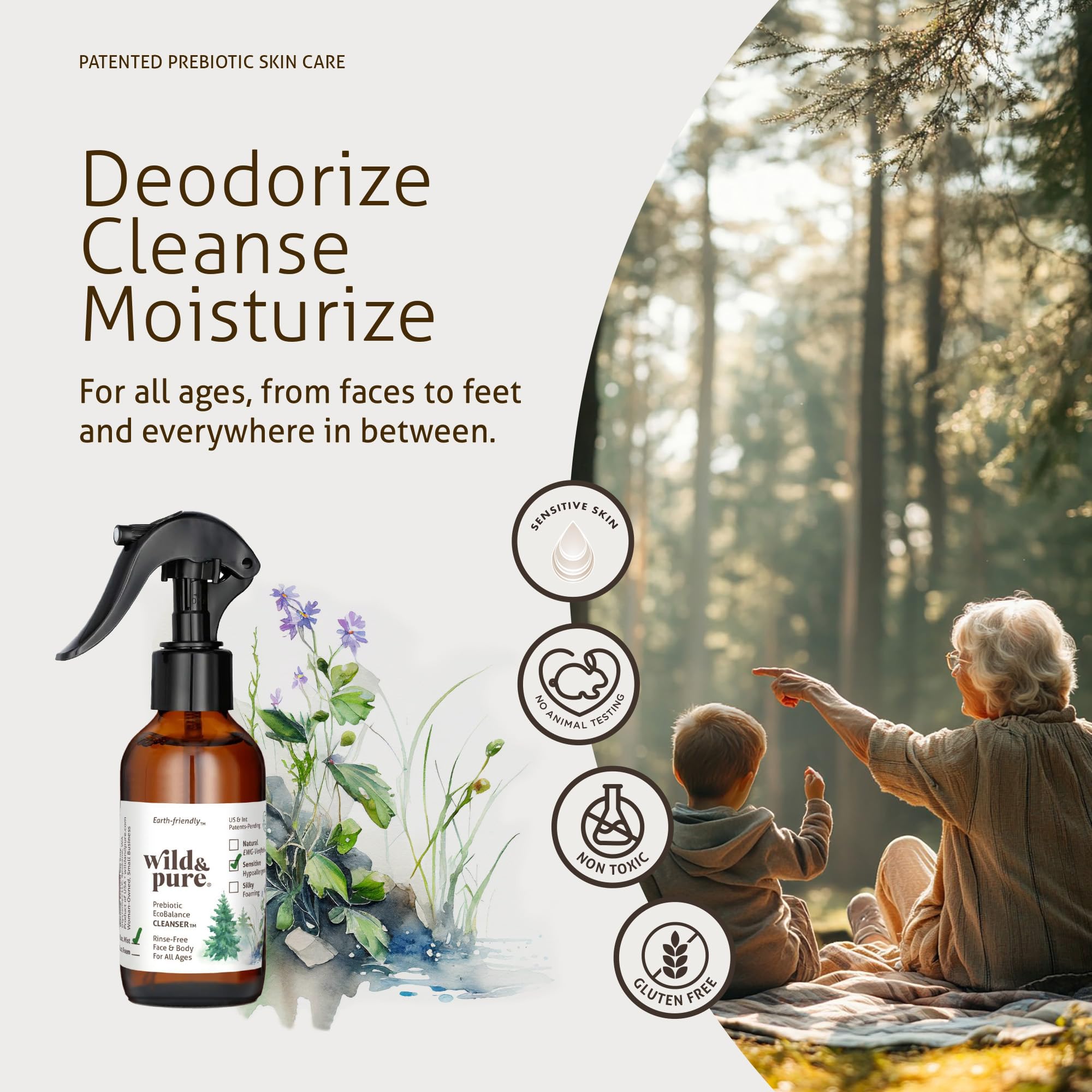 Wild and Pure Sensitive Skin Spray Body Wash close-up label highlights microbiome-friendly formula