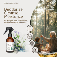Wild and Pure Sensitive Skin Spray Body Wash close-up label highlights microbiome-friendly formula