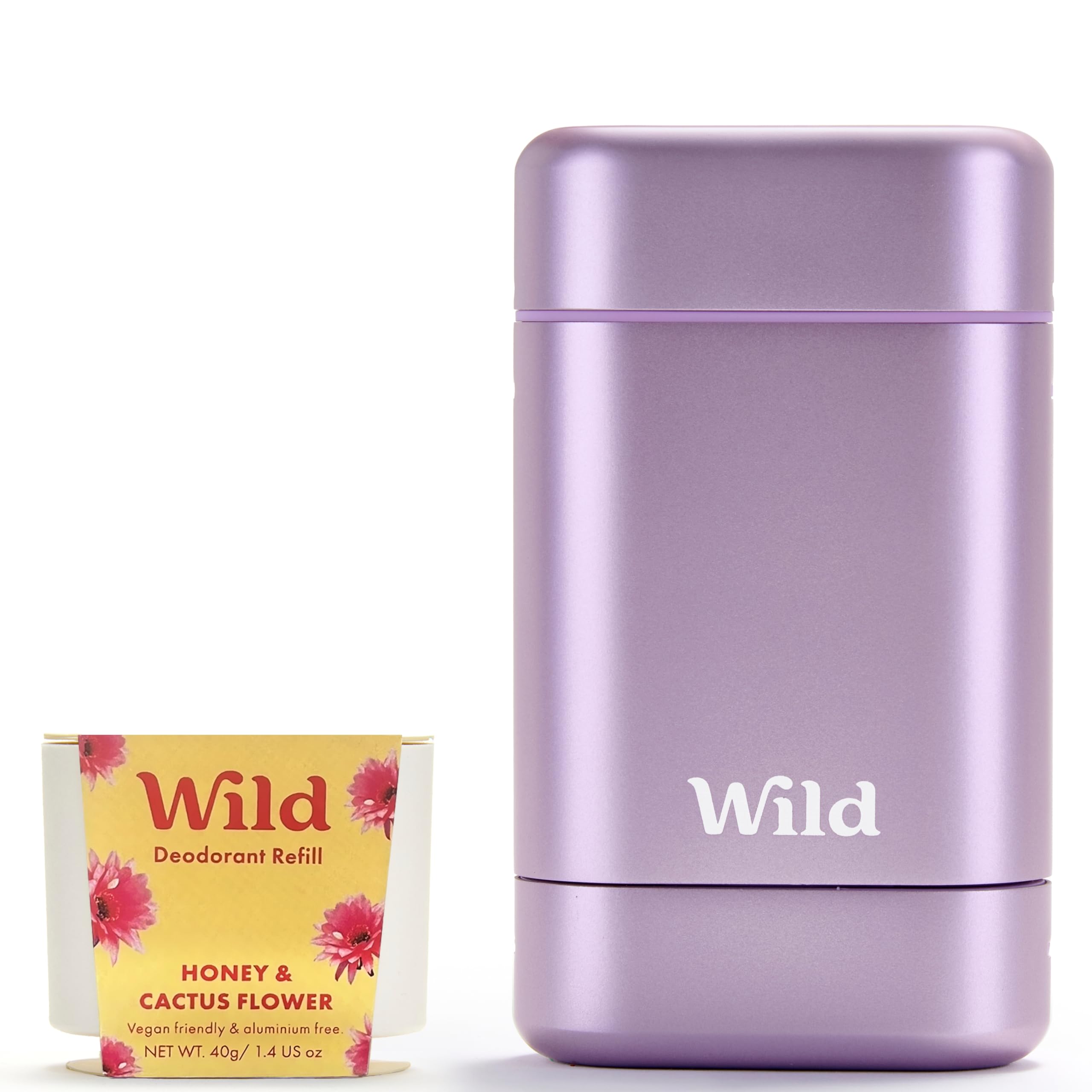 Wild refillable deodorant with purple case, designed for sustainable daily use