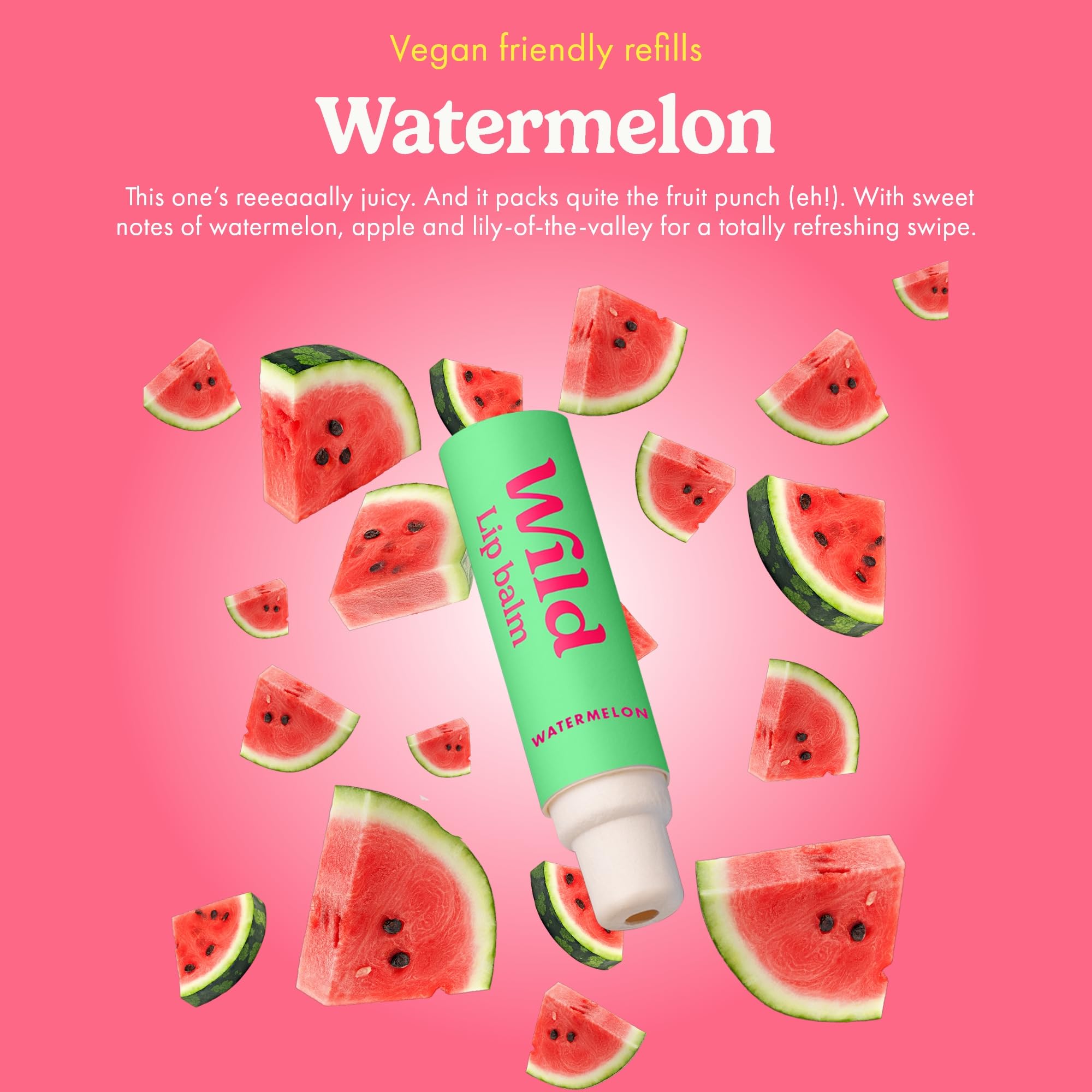 Wild refillable lip balm refill pack shows three scents for versatile wear