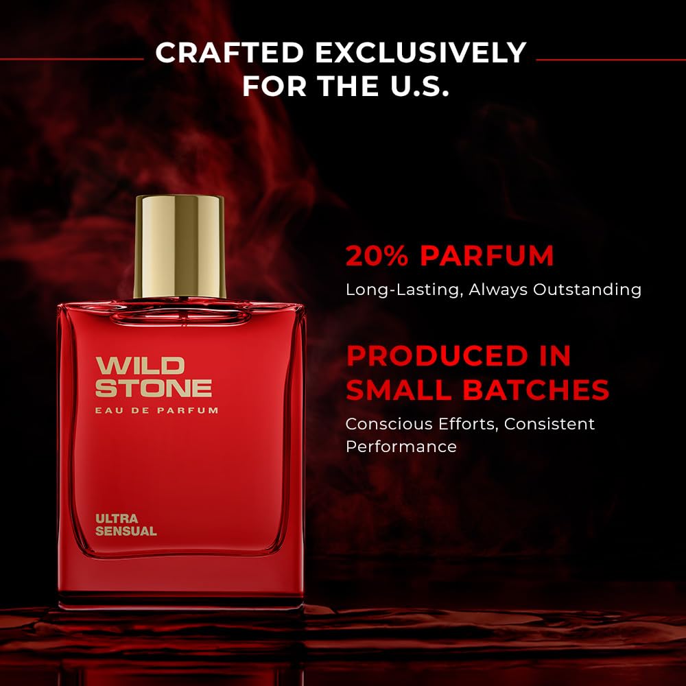 Open packaging reveals sleek Wild Stone Ultra Sensual EDP bottle.