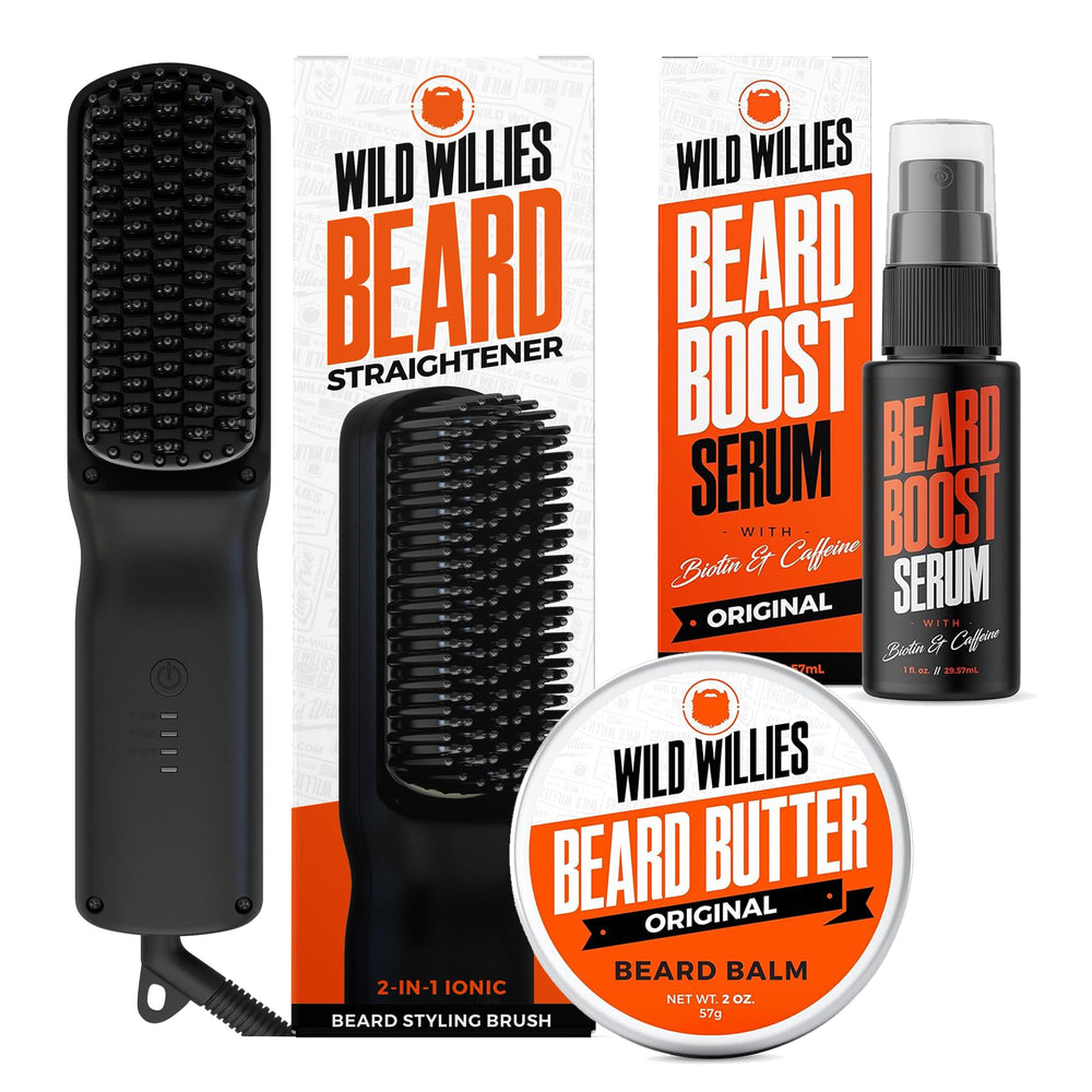 Wild Willies beard care kit heated-straightener gliding through beard for smooth styling