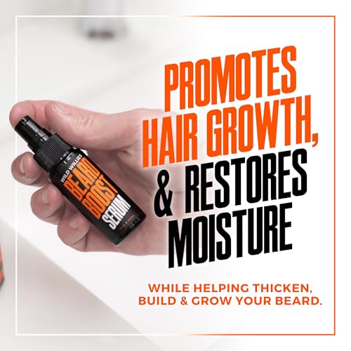 Wild Willies Beard Boost Serum bottle delivering biotin and caffeine for healthier facial hair