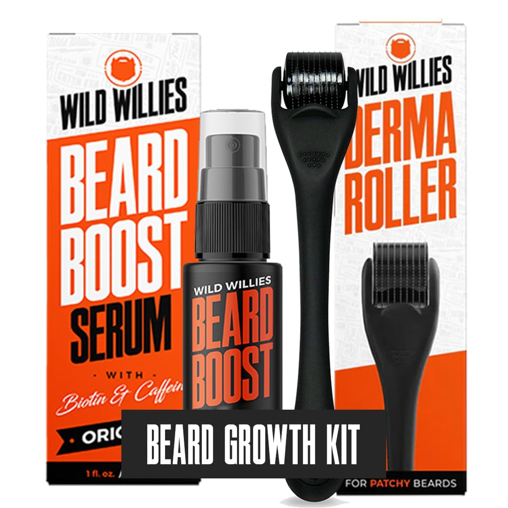 Wild Willies beard growth kit derma roller for better absorption and fuller beard
