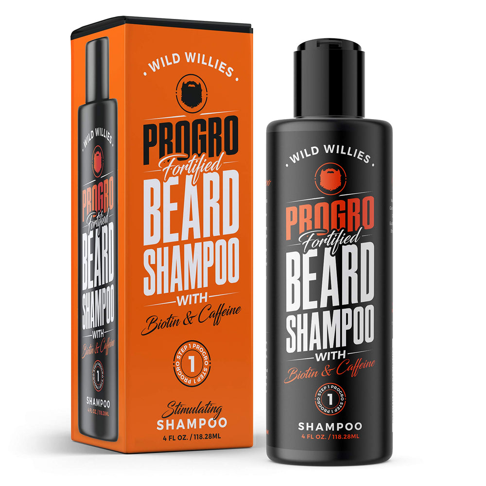 Wild Willies beard shampoo bottle with biotin and caffeine for nourished beard