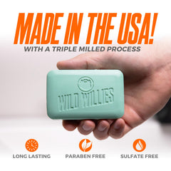 Wild Willies bar soap charcoal jojoba closeup showcases natural cleansing with charcoal and jojoba.