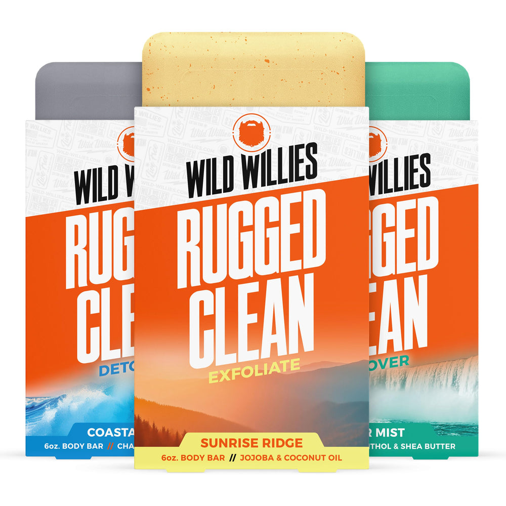Wild Willies moisturizing bar soap pack-shot highlights eucalyptus and mint for a refreshing cleanse.