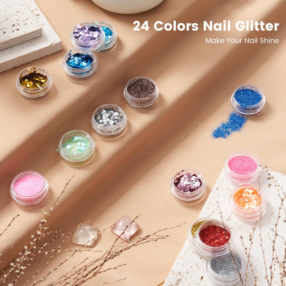 Wilfniee 24 decorative sequins array for nail art accents.