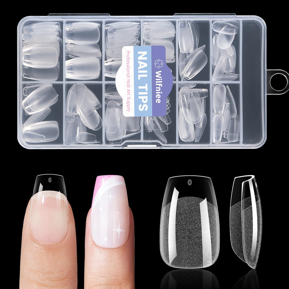 Wilfniee short coffin nail tips pack for versatile at-home nail extensions.