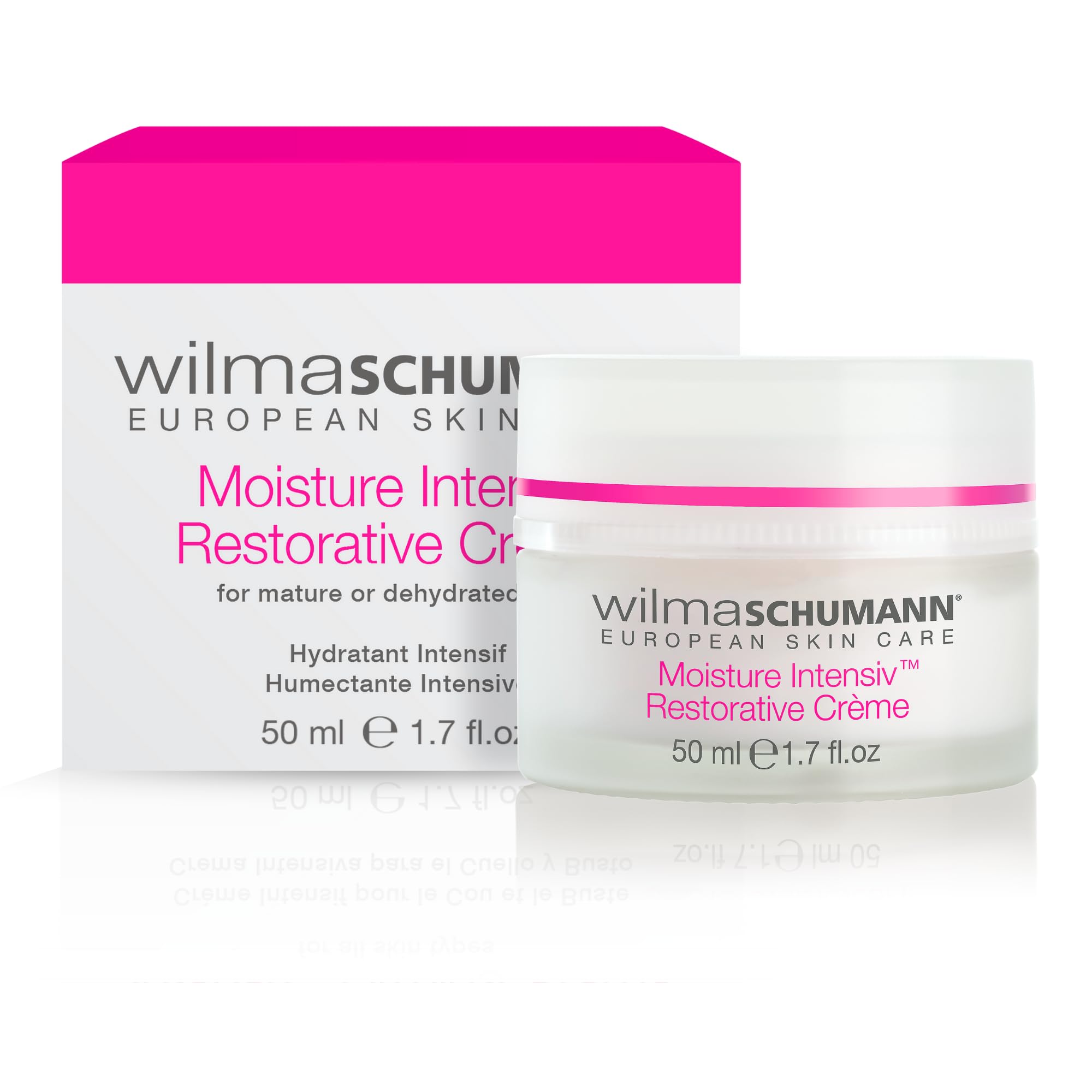 Wilma Schumann Moisture Intensiv Restorative Cream jar provides rich hydration for daily nourishment.