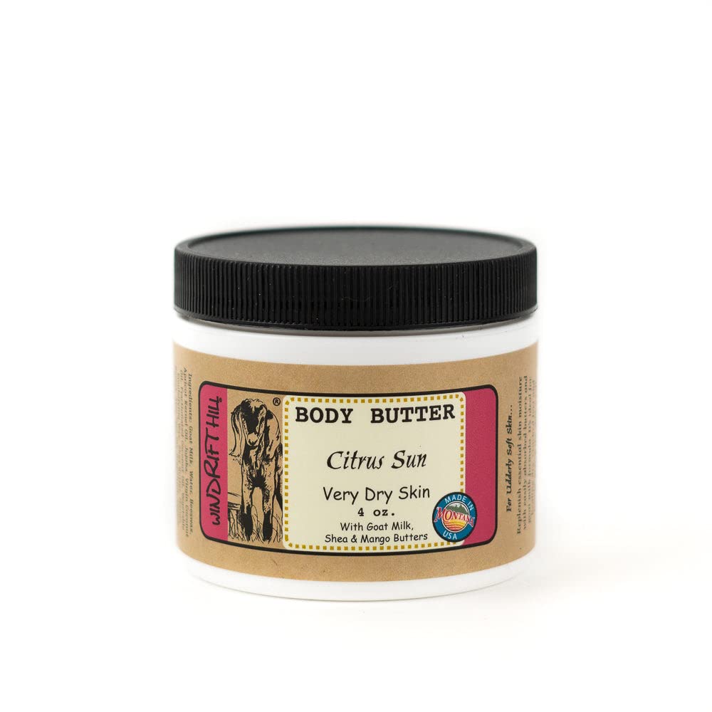 Windrift Hill Citrus Sun Body Butter in a 4oz jar nourishes very dry skin.