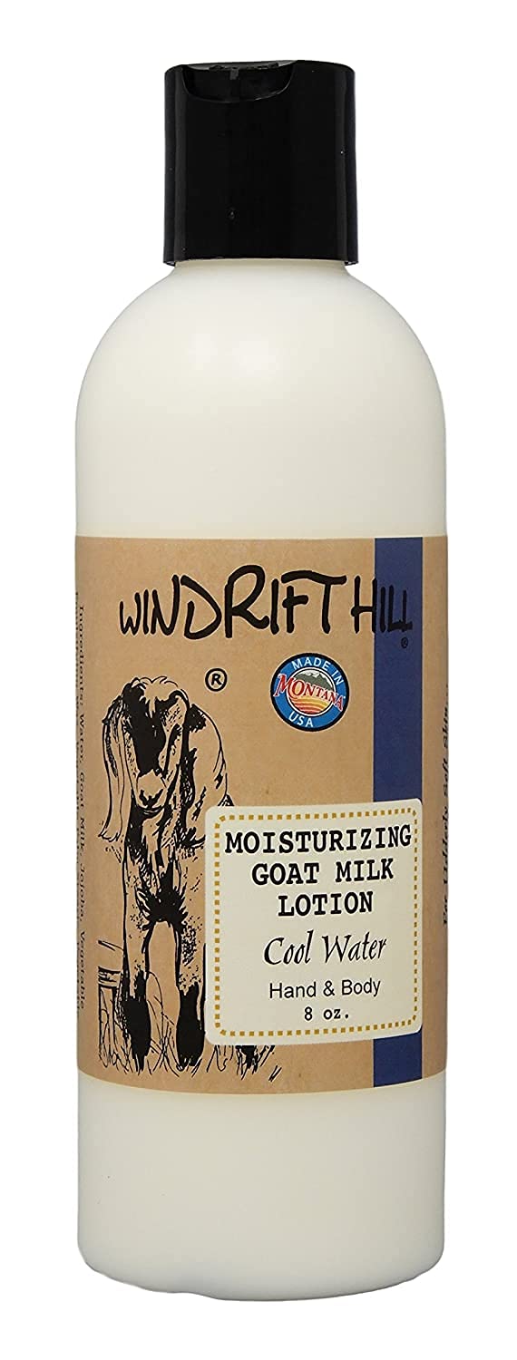 Windrift Hill Cool Water goat milk lotion for quick absorption and soft, moisturized skin.