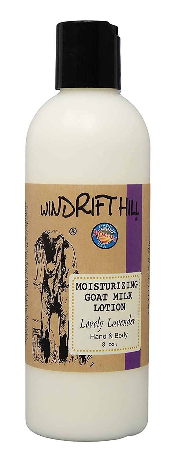 Windrift Hill Lovely Lavender lotion bottle shows lightweight, non-greasy hydration for hands and body