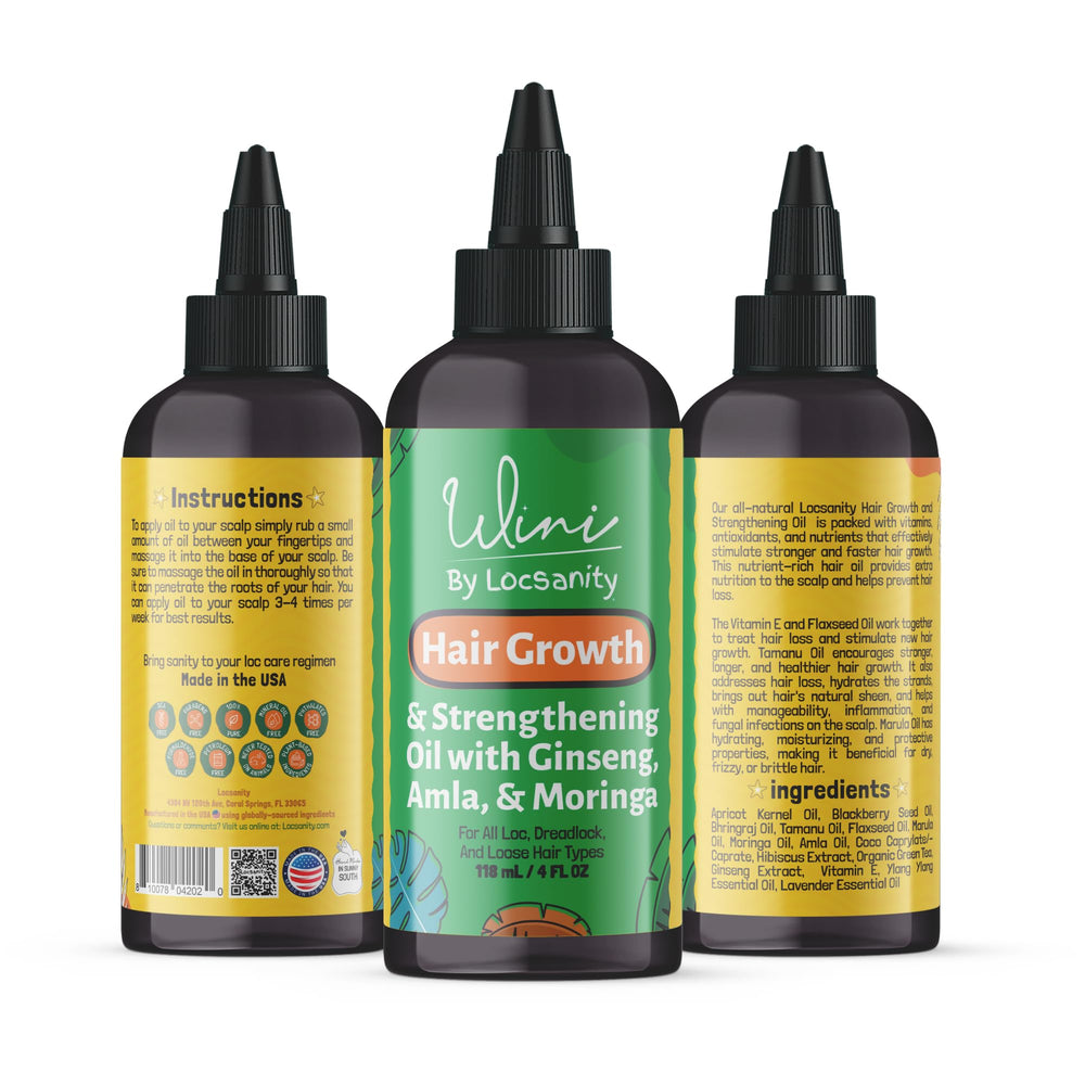 Hands applying Wini oil to locs for deep hydration and frizz control.