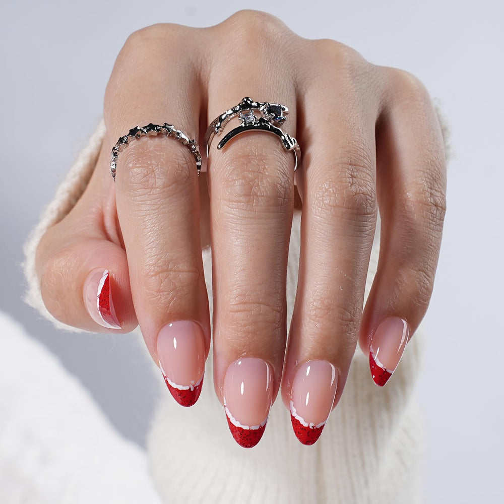 WiniBeauty Twinkle Red French Tip nails with glitter for festive, salon-style glam.