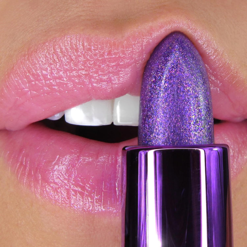 Close-up of Winky Lux Amethyst Glimmer Balm on lips highlighting sheen