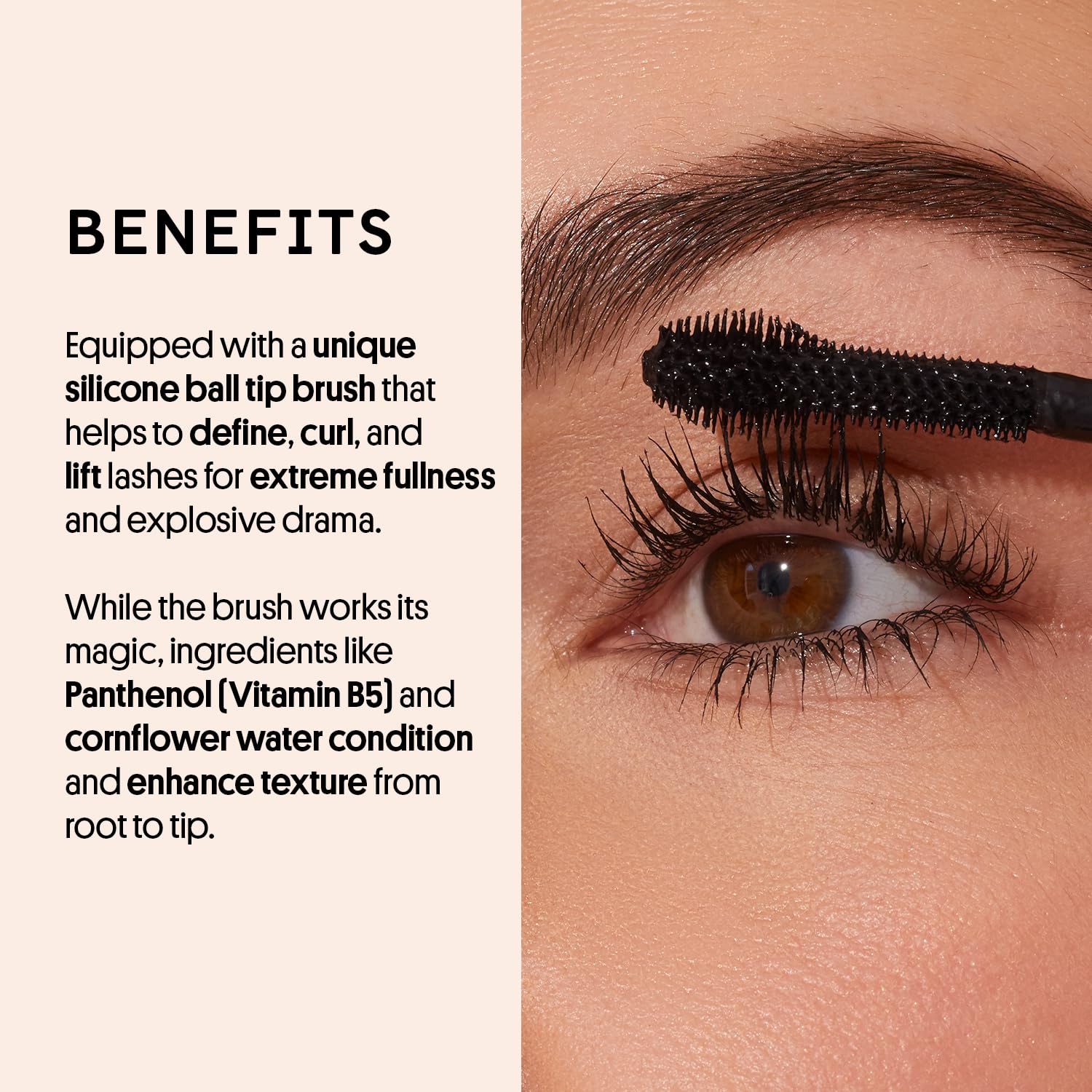 Winky Lux ExtravaLash Mascara wand in action demonstrates buildable length and curl.