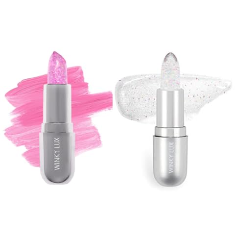 Winky Lux Lavender Confetti Balm bottle showing hydrating lip care and a soft pink glow.