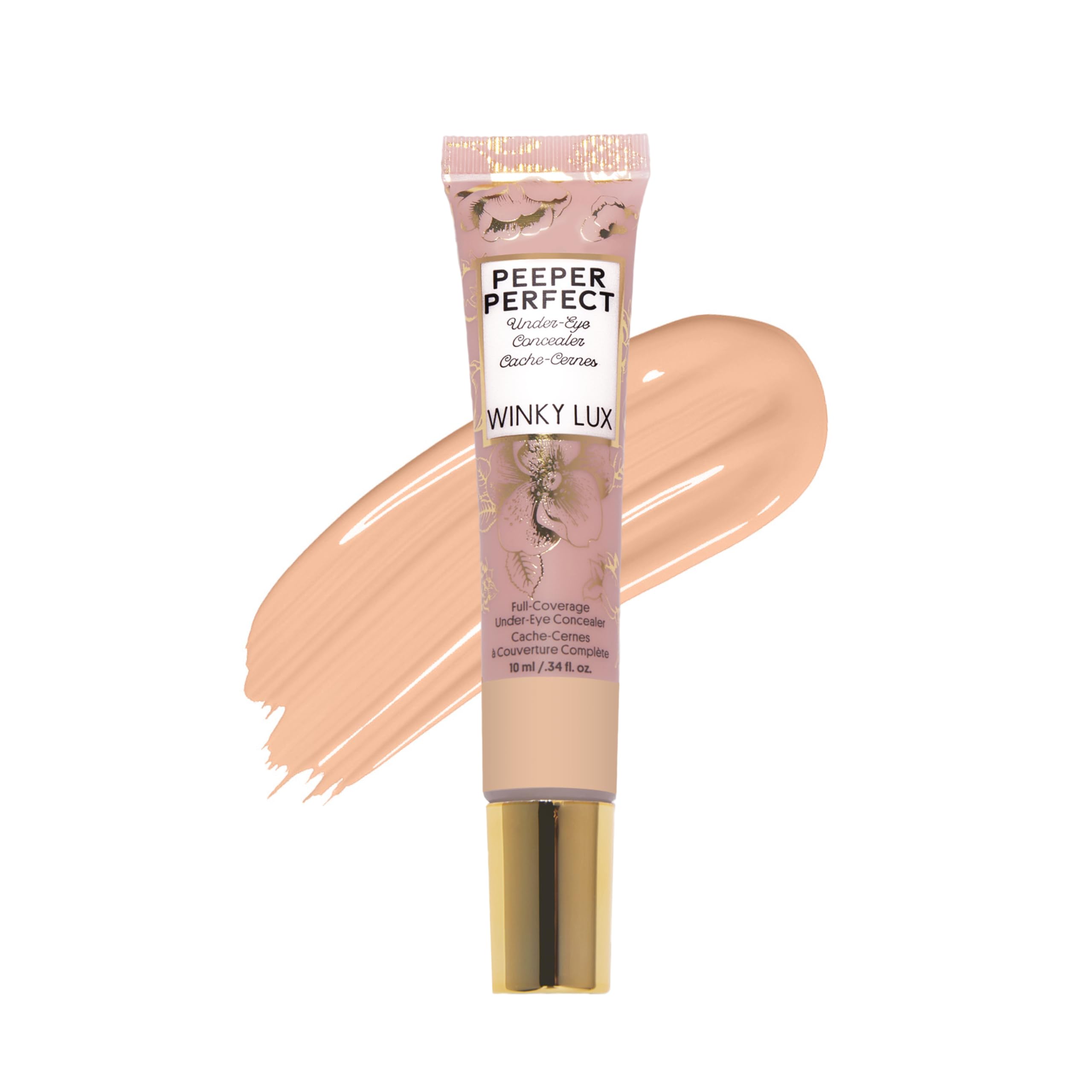 Winky Lux Peeper Perfect concealer neutral beige bottle close-up for long-lasting under-eye coverage.