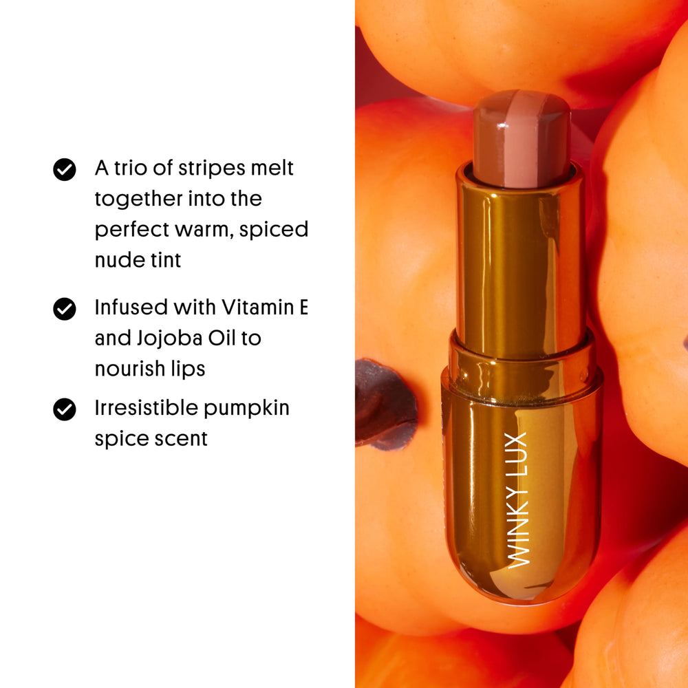 Winky Lux Pumpkin Spice Latte balm application with jojoba oil and vitamin E.