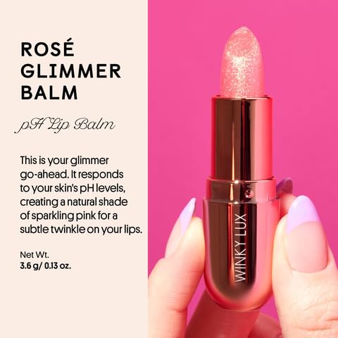 Application scene with Rose Glimmer Balm on lips, subtle glow.