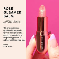 Application scene with Rose Glimmer Balm on lips, subtle glow.