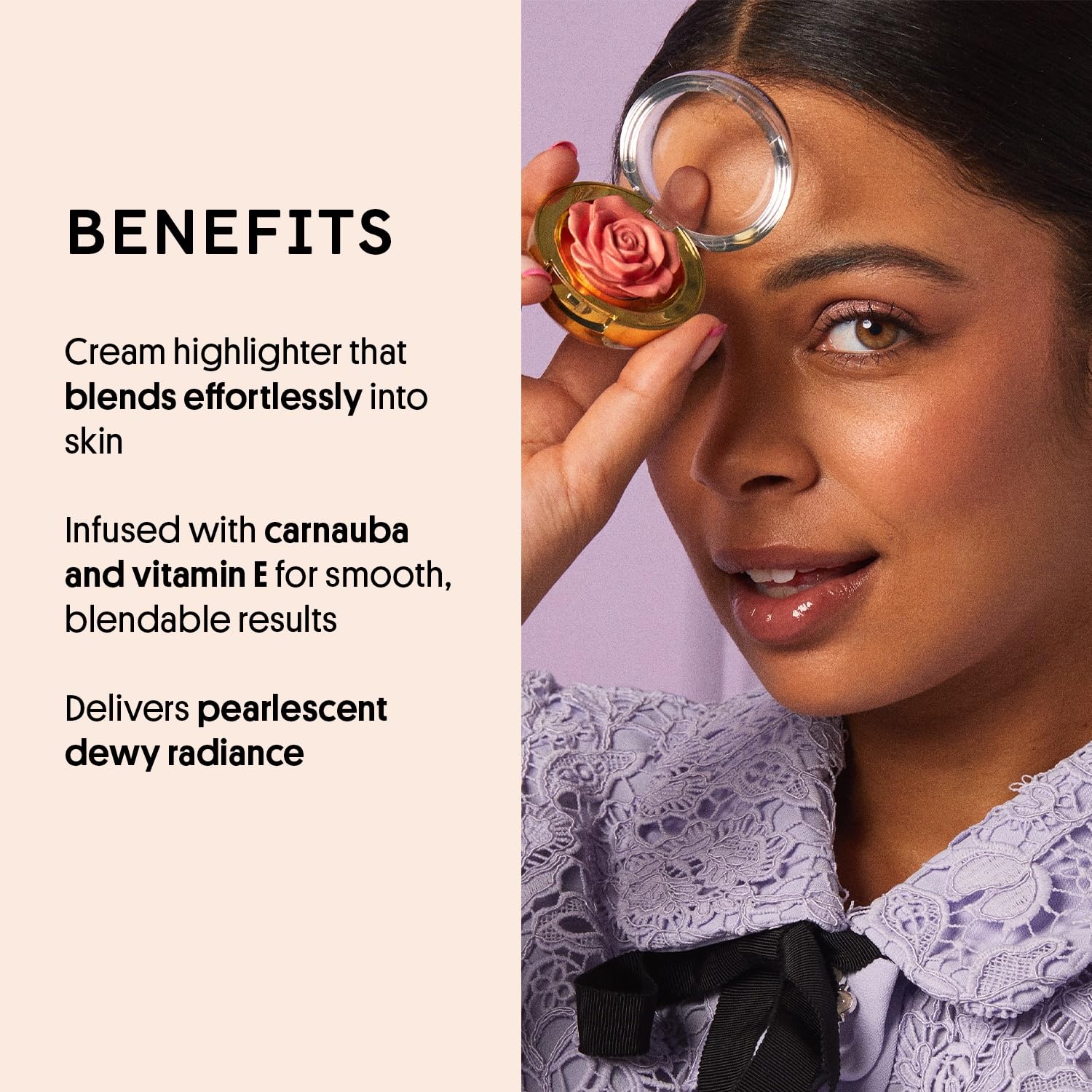 Creamy texture blends smoothly for seamless cheek highlighting with Winky Lux
