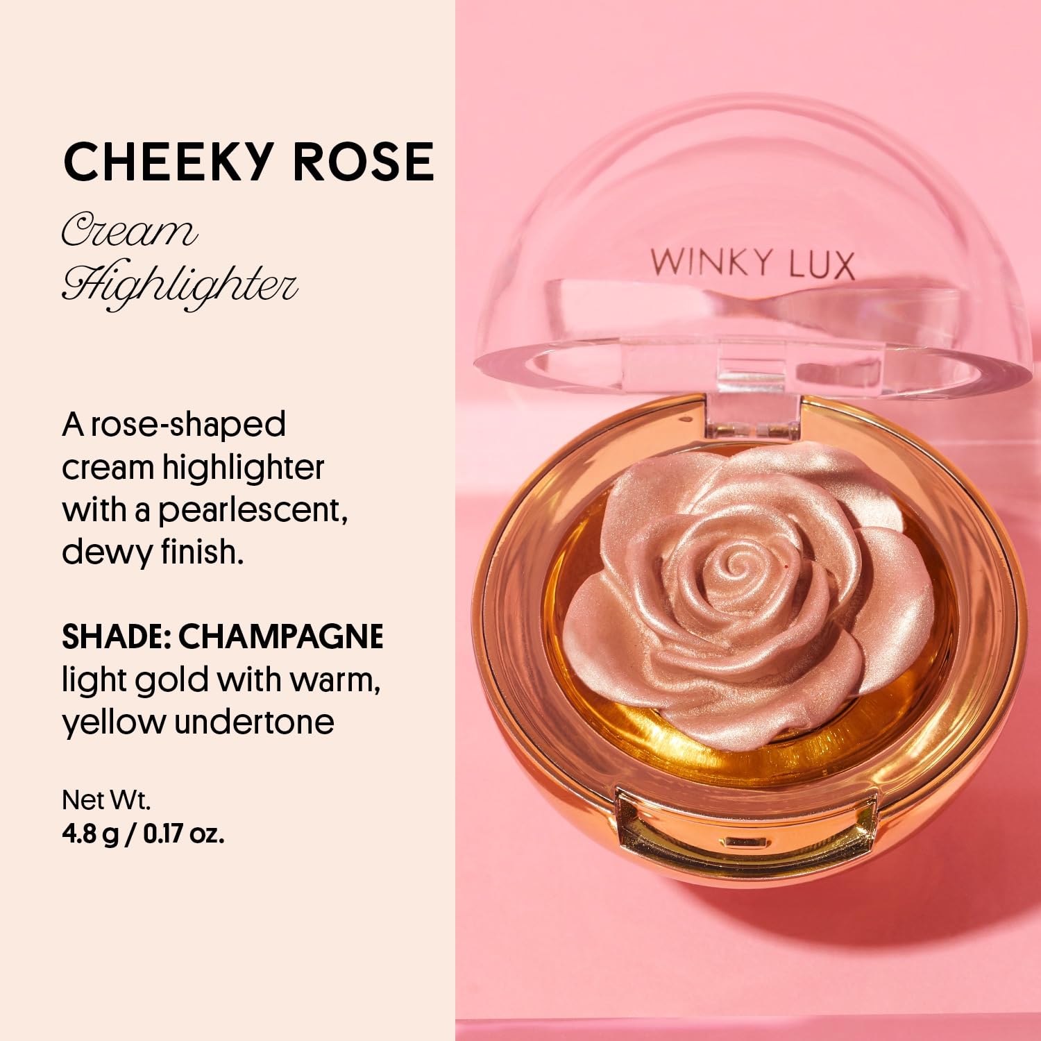 Winky Lux Cheeky Rose Highlighter showing champagne pearlescent glow on skin