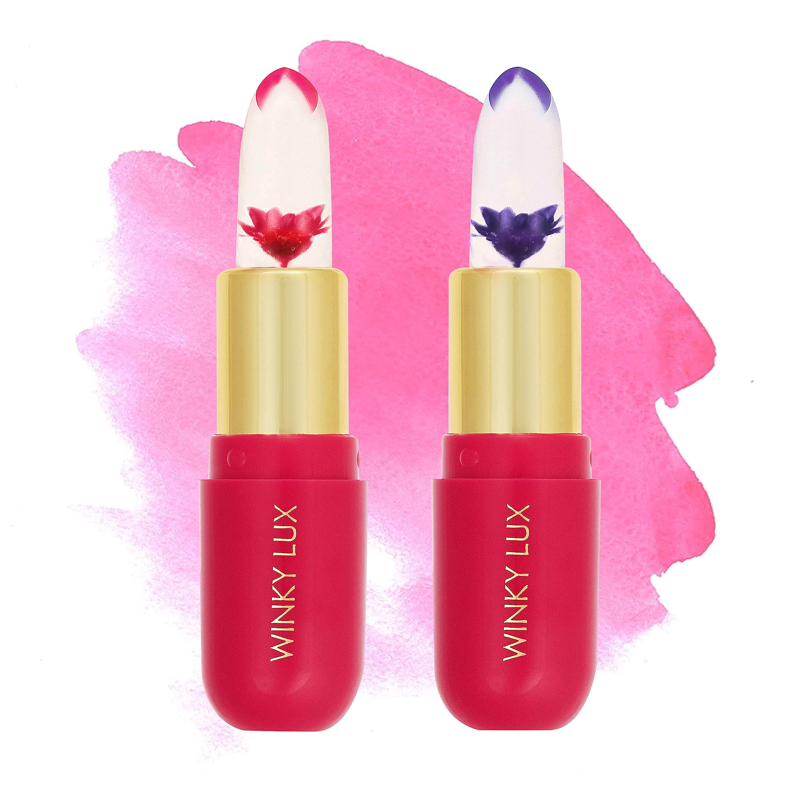 Winky Lux Flower Balm swatch shows pink shimmer with personalized glow on lips.