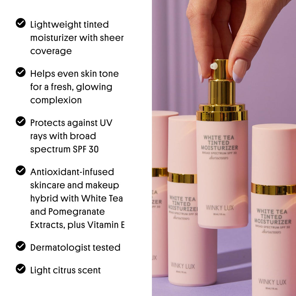 Winky Lux White Tea tinted moisturizer SPF 30 face swatch shows natural, radiant finish