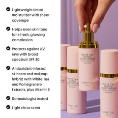 Winky Lux White Tea tinted moisturizer SPF 30 face swatch shows natural, radiant finish