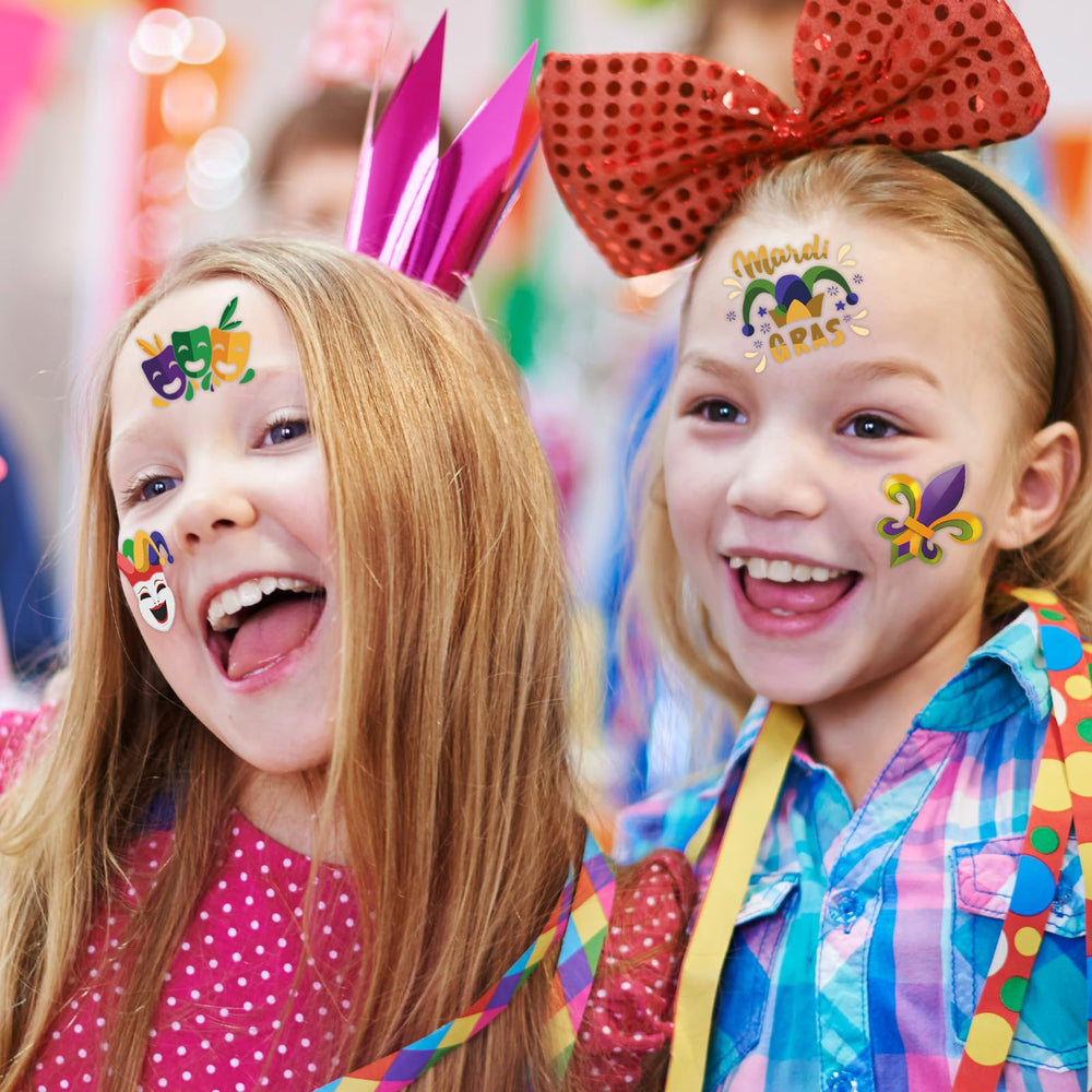Winthrop 60-design Mardi Gras tattoo set ideal for group activities.