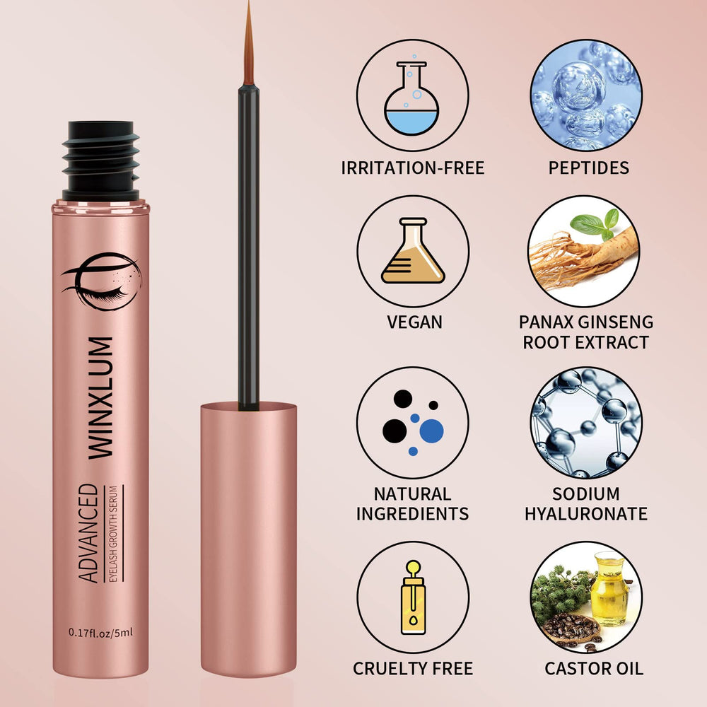 Winxlum Eyebrow Serum applicator tip highlights precise root application for brow growth.