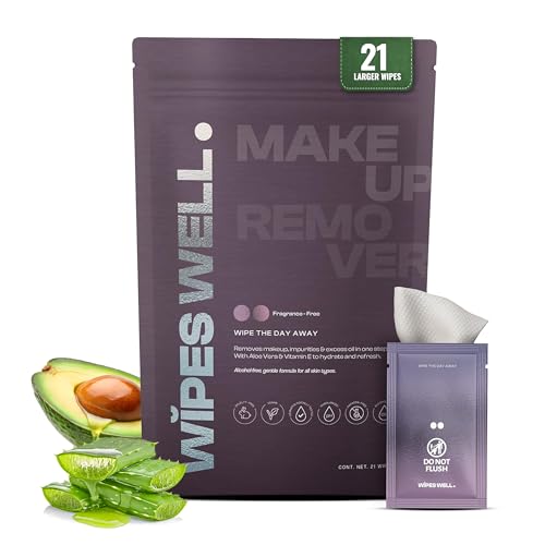 Wipes Well makeup remover wipes with aloe vera and avocado oil for gentle cleansing on the go.
