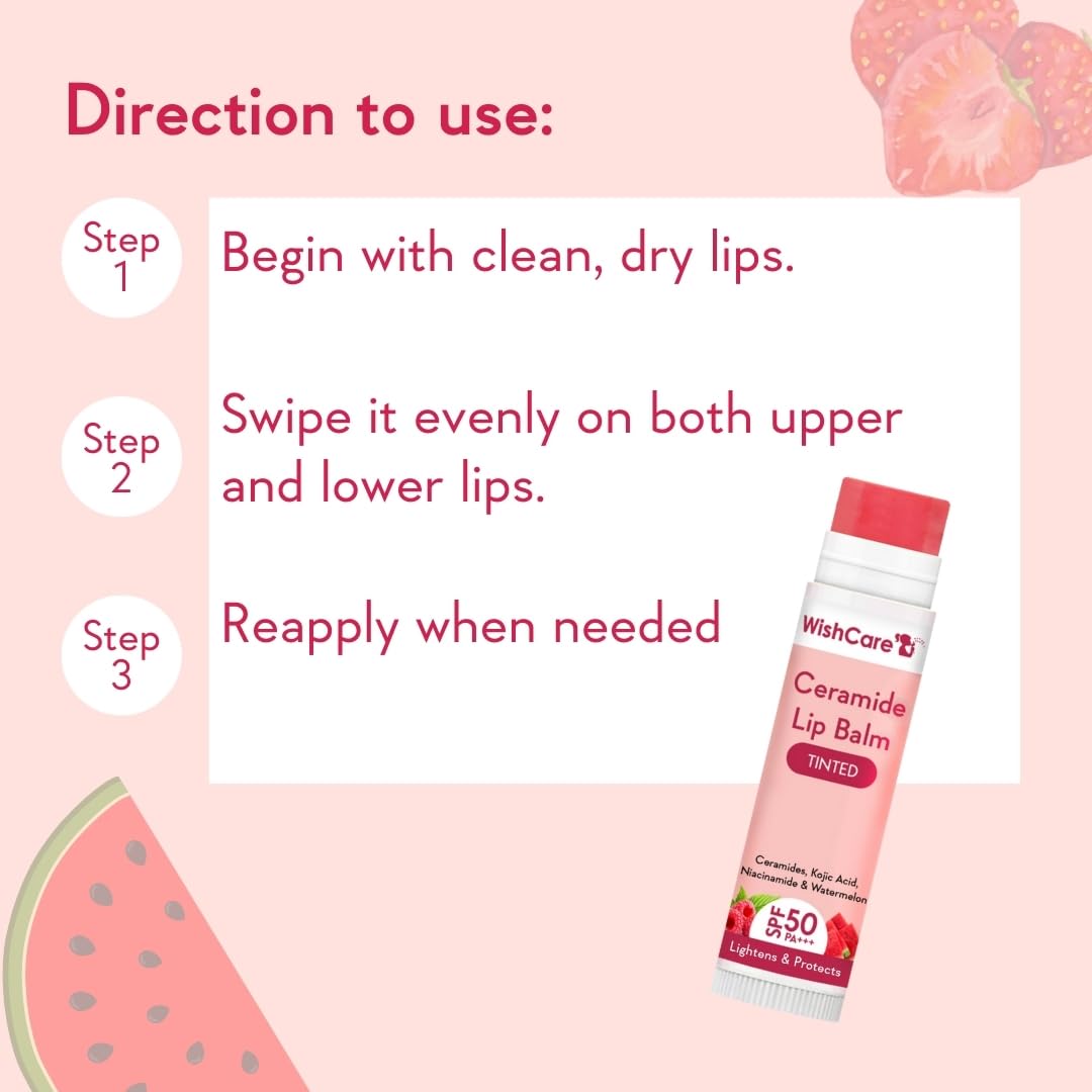 WishCare SPF 50 lip balm on lips with subtle shine for daily wear