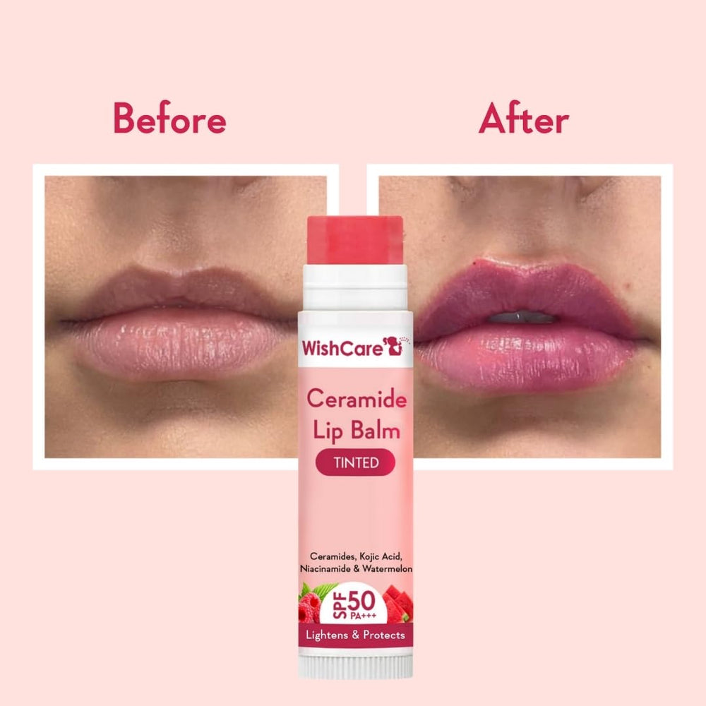 WishCare tinted lip balm on lips shows smooth, lightweight tint