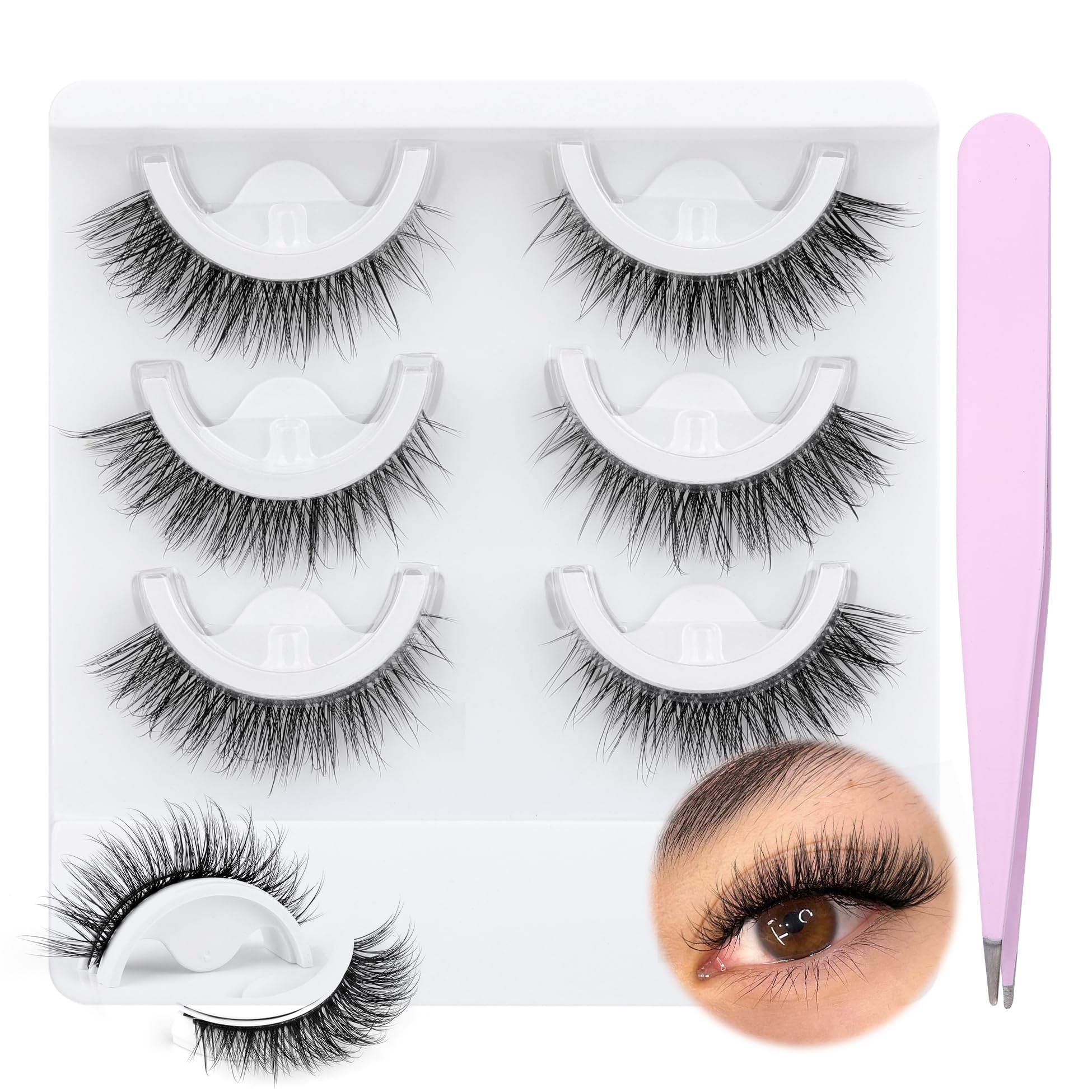 wiwoseo self-adhesive eyelashes natural wispy look 3-pair pack for glue-free wear