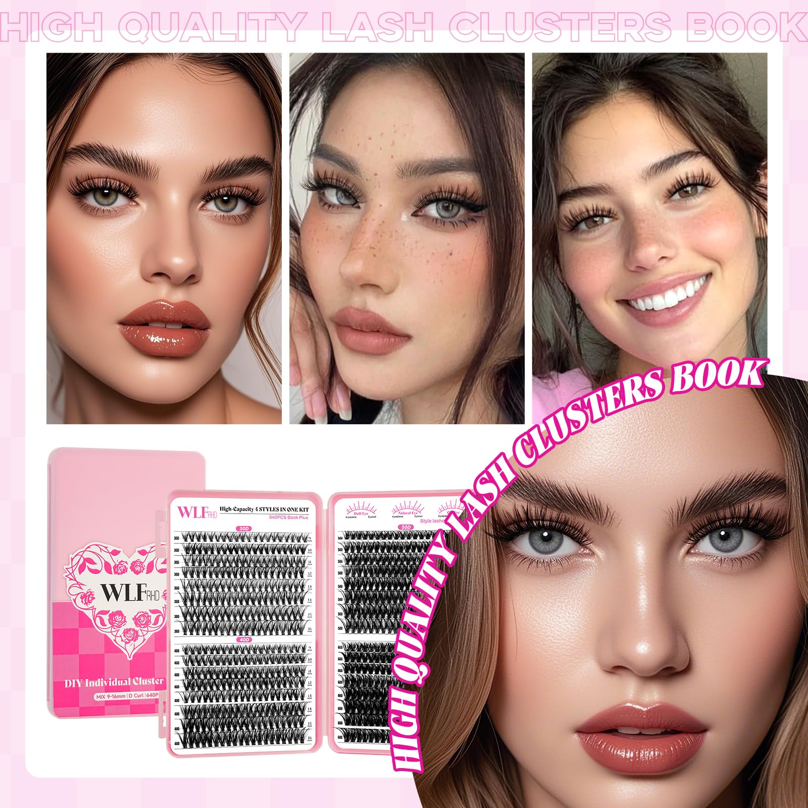 WLFRHD WLF D-curl lashes 30D-60D mix illustrating varied lash effects