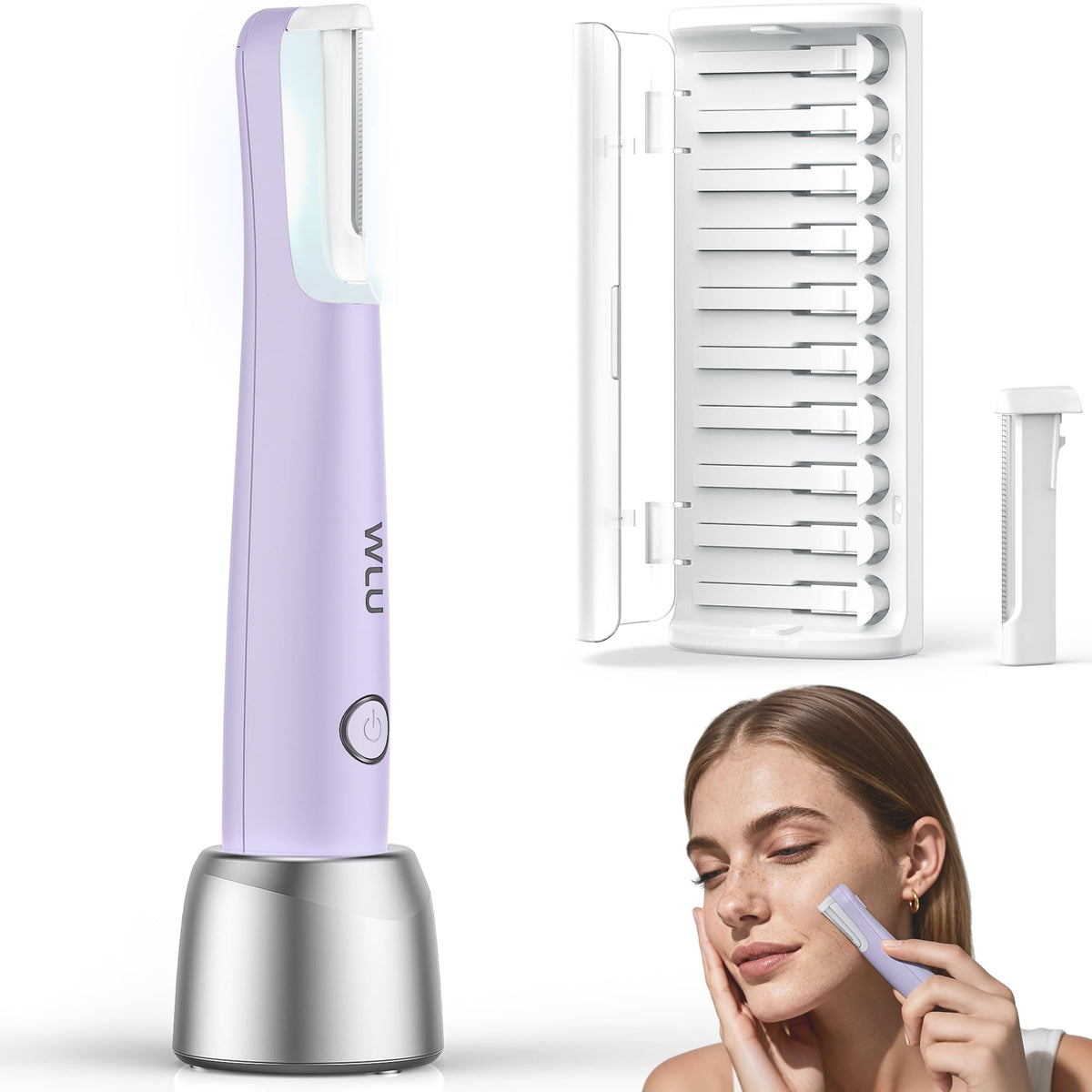 WLU Dermaplane Razor for Women, purple, front view highlighting ergonomic design for gentle exfoliation.
