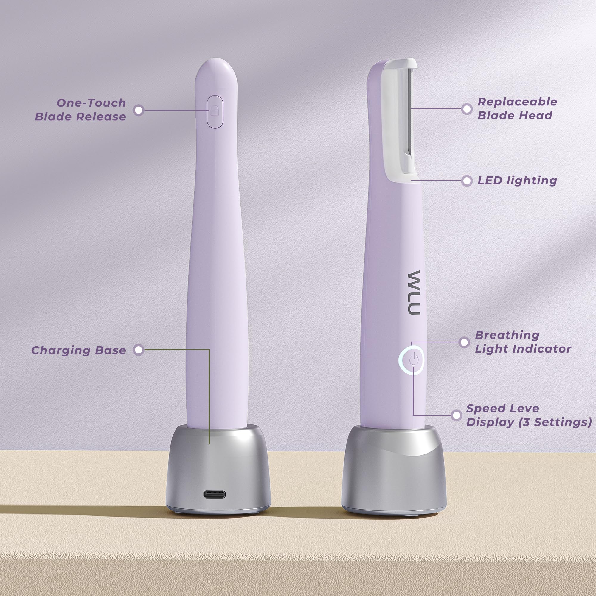 WLU purple dermaplane, USB rechargeable for travel-ready skincare.