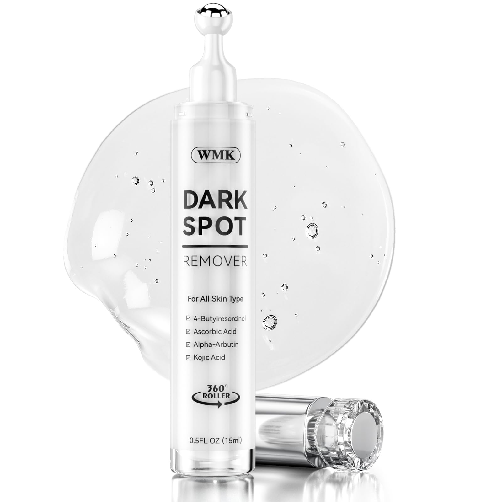 WMK Dark Spot Remover bottle with roller enables precise, targeted application for even skin tone.